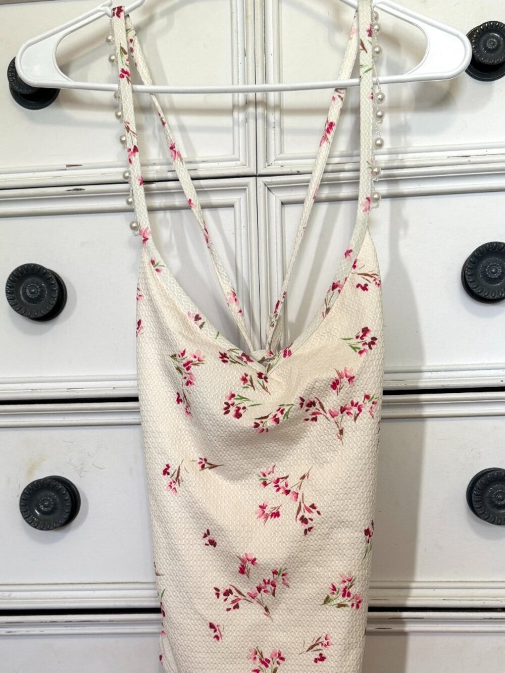 CeCe Cream One-Piece Swimsuit with Pink Floral Accents and Pearl sleeves -size 8